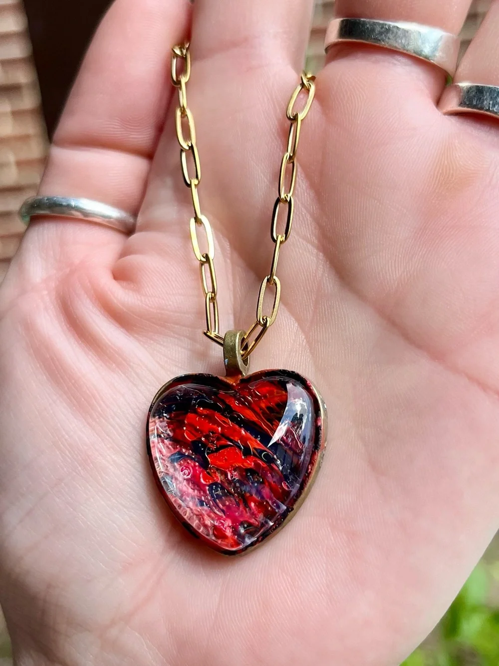 Handmade hand-painted Heart Pendant Necklace in Red and Black